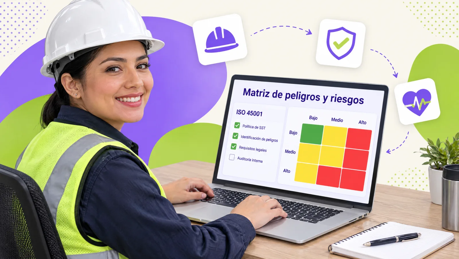 Occupational health and safety coordinator reviewing the ISO 45001 hazard and risk matrix on a laptop