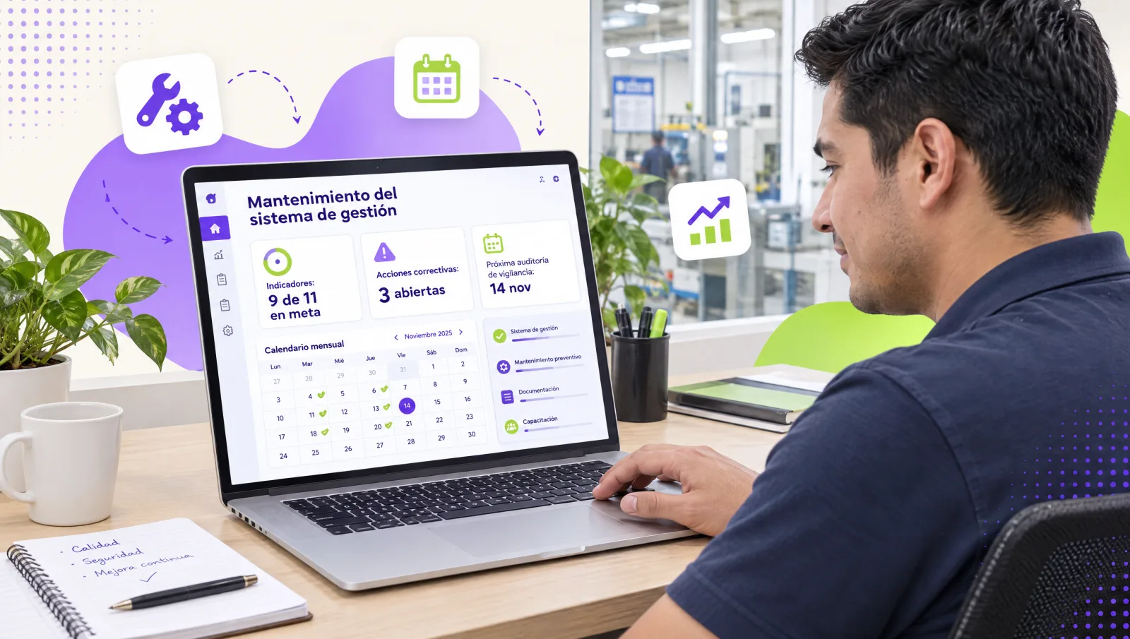 Quality engineer reviewing the management system maintenance dashboard with indicators and actions on a laptop