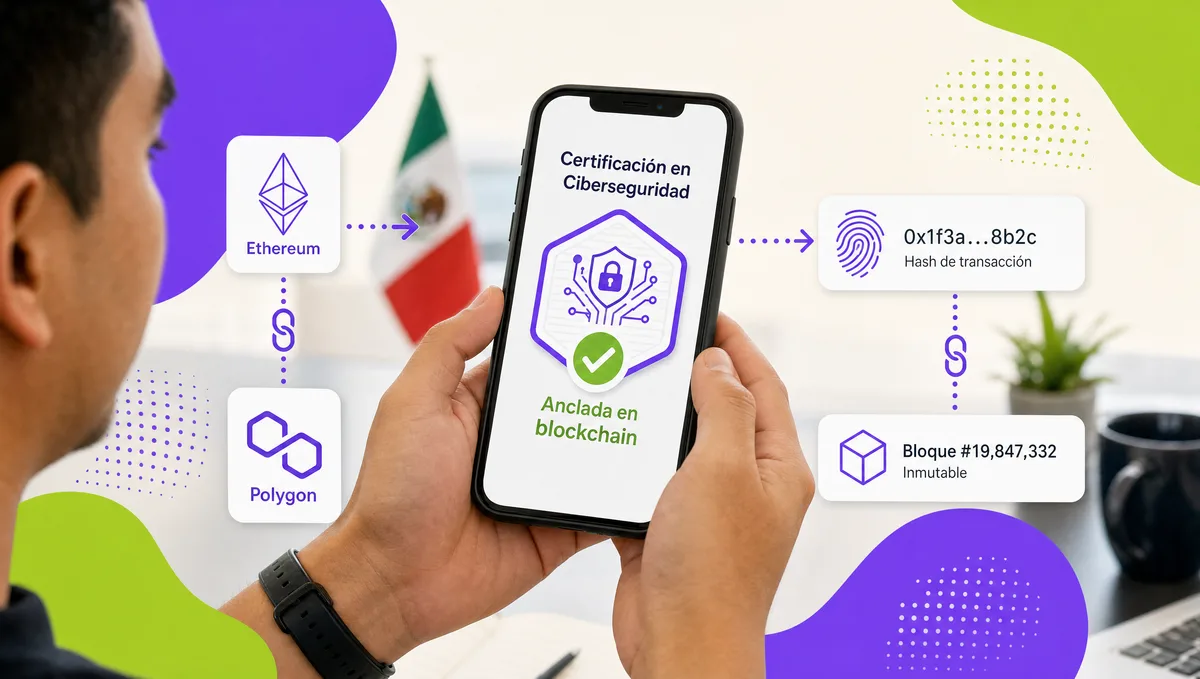Hands holding a phone with a cybersecurity micro-credential anchored on blockchain, with Ethereum and Polygon blocks and its hash