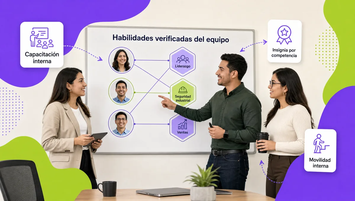Equipo de recursos humanos frente a una pantalla con el mapa de habilidades verificadas del equipo: liderazgo, seguridad industrial y ventas