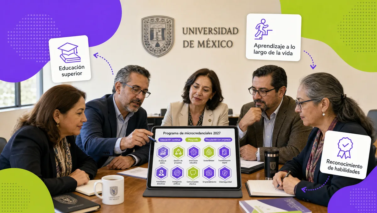 Comité académico de una universidad planeando en una tableta su programa de microcredenciales 2027 con educación continua, posgrado y vinculación con empresas