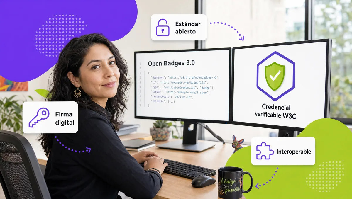 Ingeniera de software frente a dos monitores: un documento Open Badges 3.0 en JSON-LD y una credencial verificable W3C con escudo verde