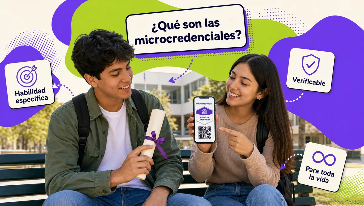 Dos estudiantes en una banca comparan un diploma en papel con una microcredencial en el celular bajo el letrero «¿Qué son las microcredenciales?»