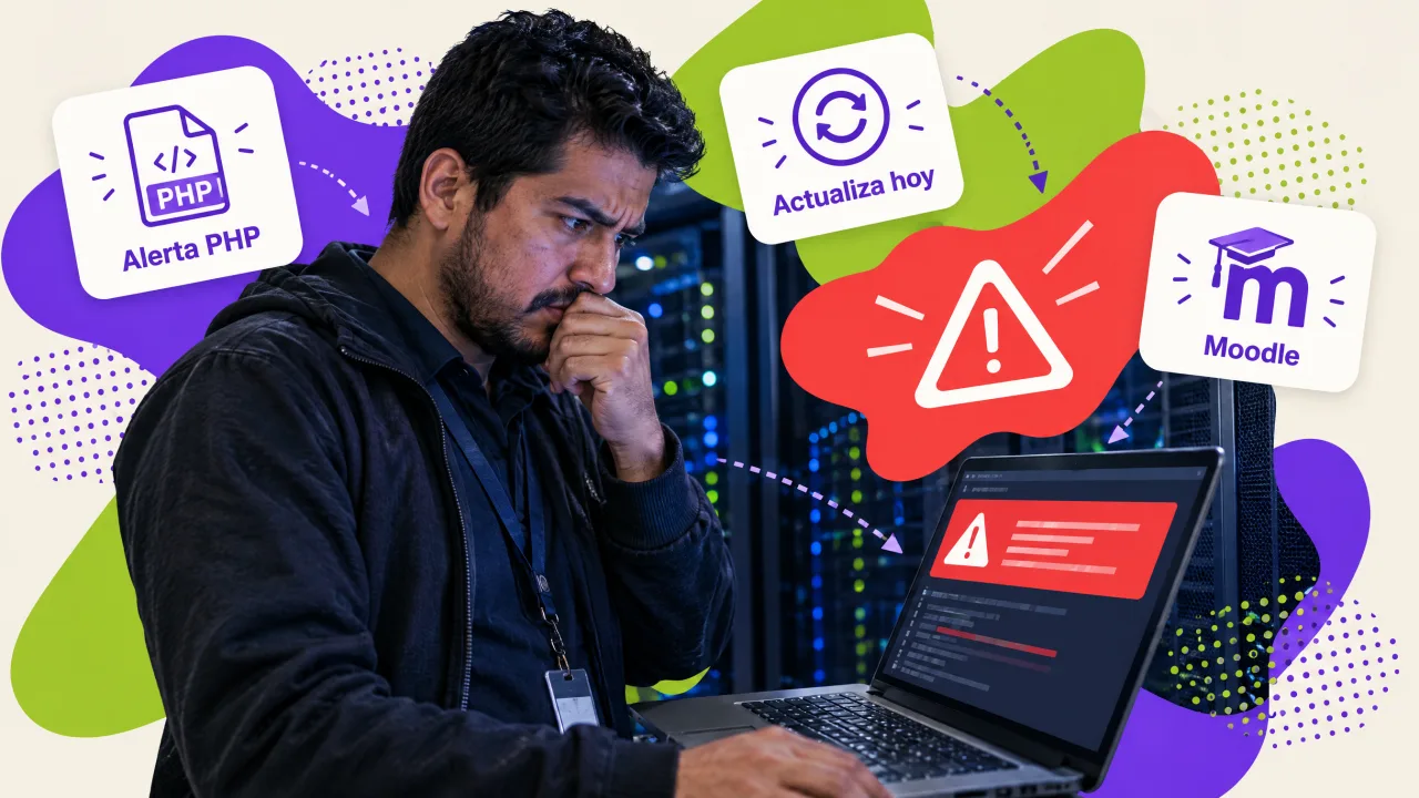 Administrador de sistemas revisando una alerta de seguridad de PHP en un cuarto de servidores, con tarjetas Alerta PHP, Actualiza hoy y Moodle
