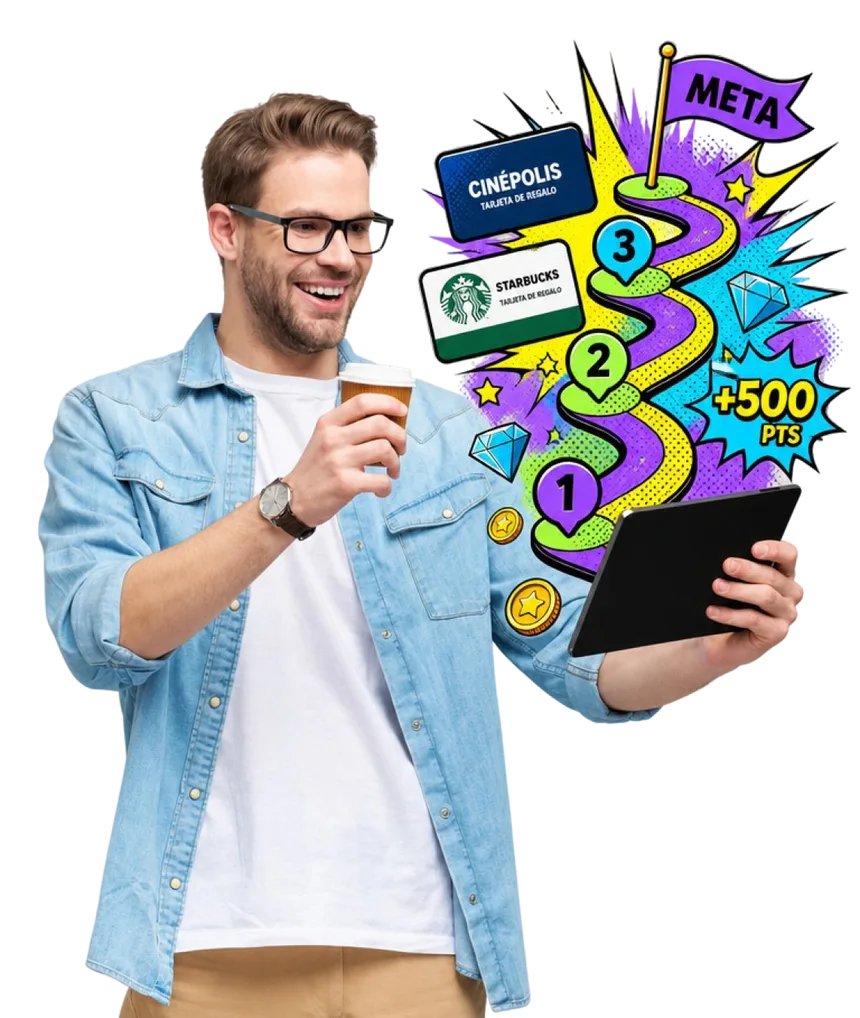 Persona con tablet de la que sale un curso gamificado con ruta de aprendizaje, tarjetas de regalo, diamantes y puntos