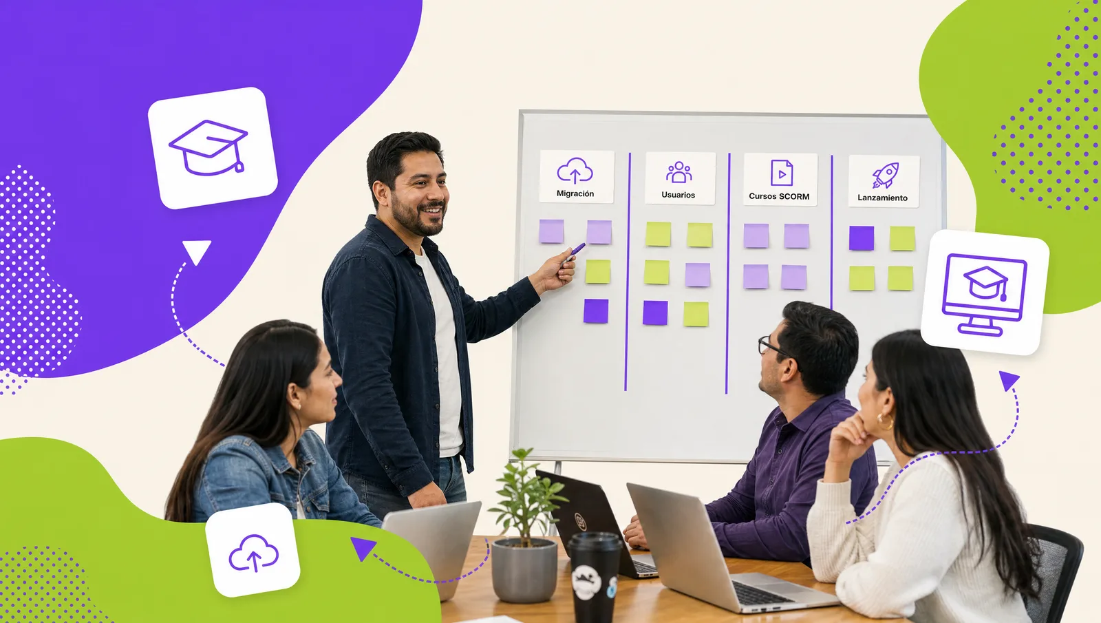 Equipo de capacitación trasladando cursos, usuarios y constancias desde archiveros y hojas de cálculo a una plataforma e-learning en pantalla