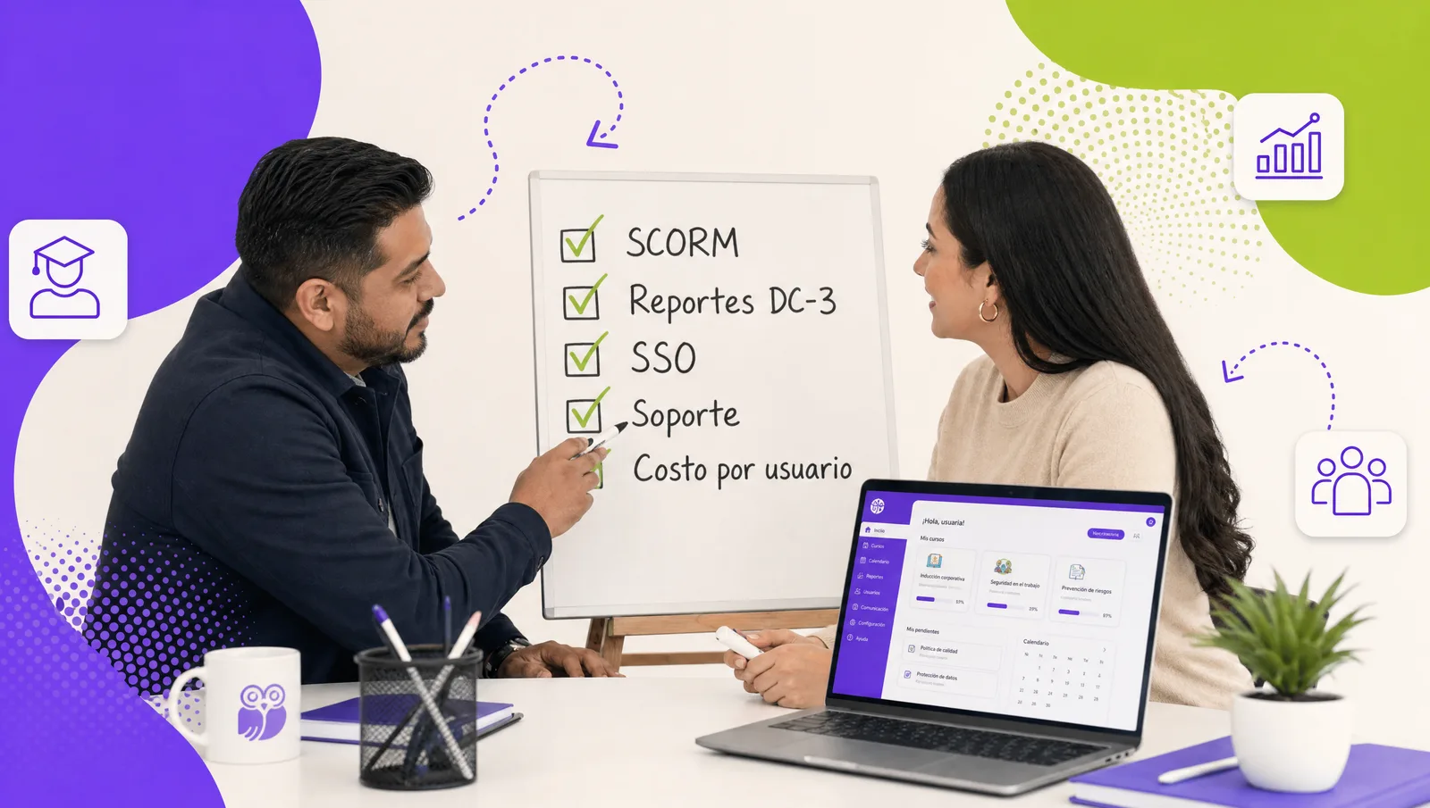 IT and HR managers comparing platform options on a checklist with SCORM, DC-3 reports, SSO and support