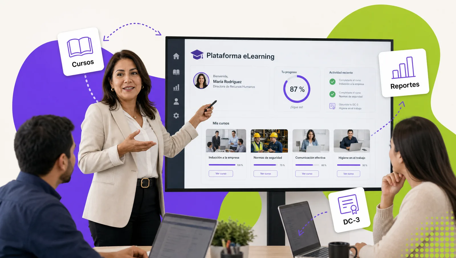 HR director presenting her company's e-learning platform on screen, with a course dashboard and 87 % progress