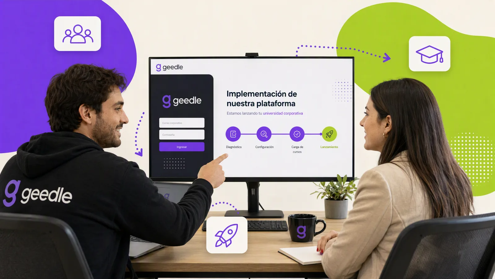 Geedle engineer and HR lead launching the platform with the implementation timeline on screen