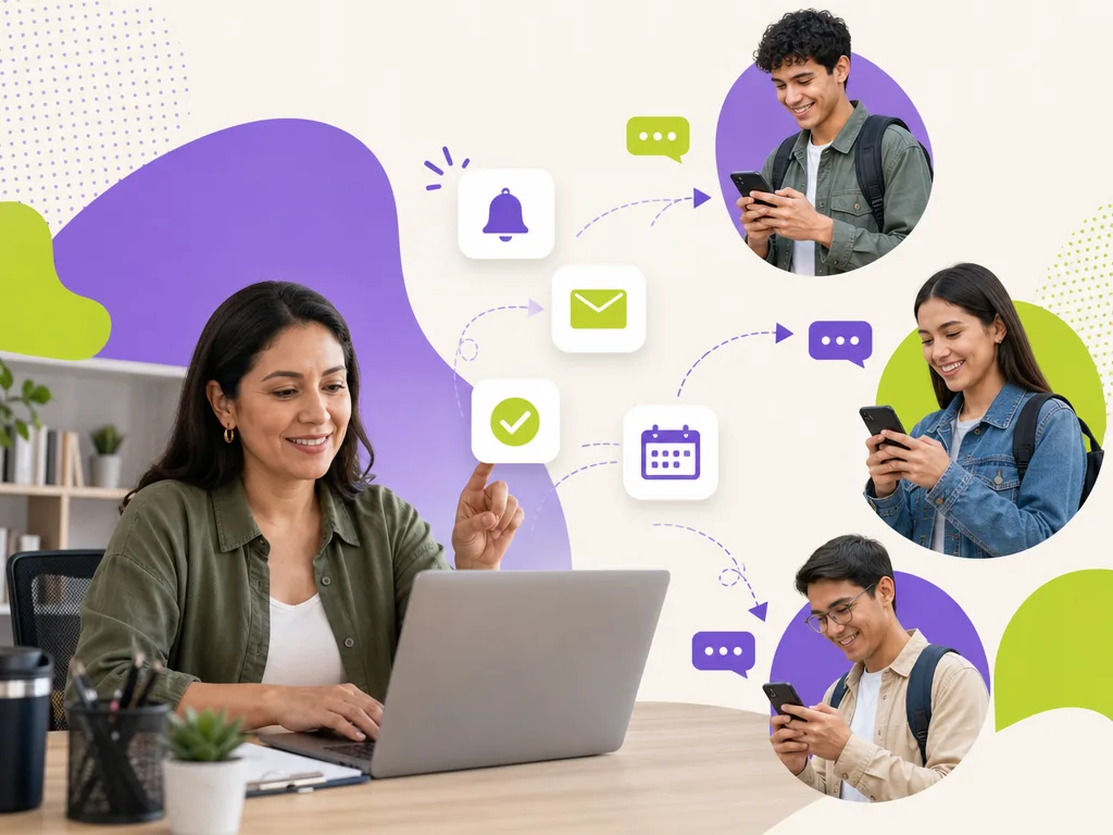 Coordinadora de formación activando notificaciones automáticas que llegan a los teléfonos de sus alumnos