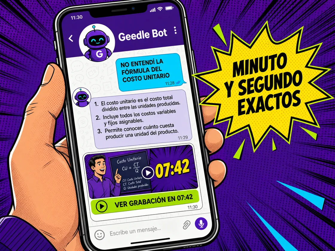 Geedle Bot respondiendo una duda del curso y entregando la grabación de la clase en el minuto exacto