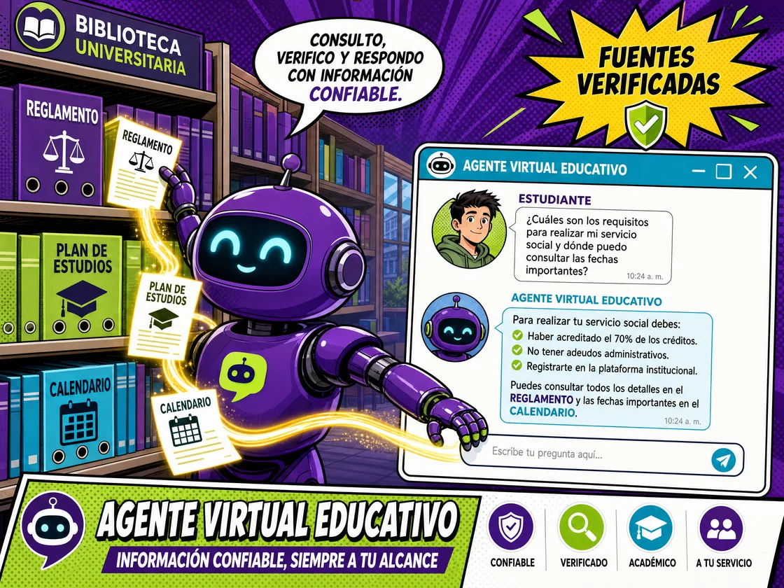 Agente virtual educativo consultando reglamento, plan de estudios y calendario para responder a un estudiante