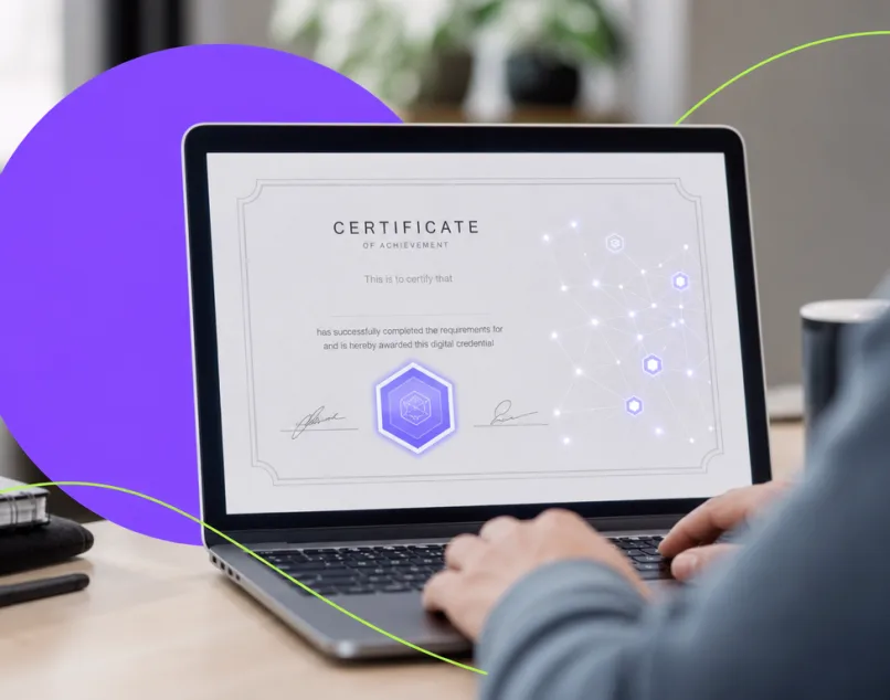 Insignia digital con sello hexagonal y patrón de nodos blockchain