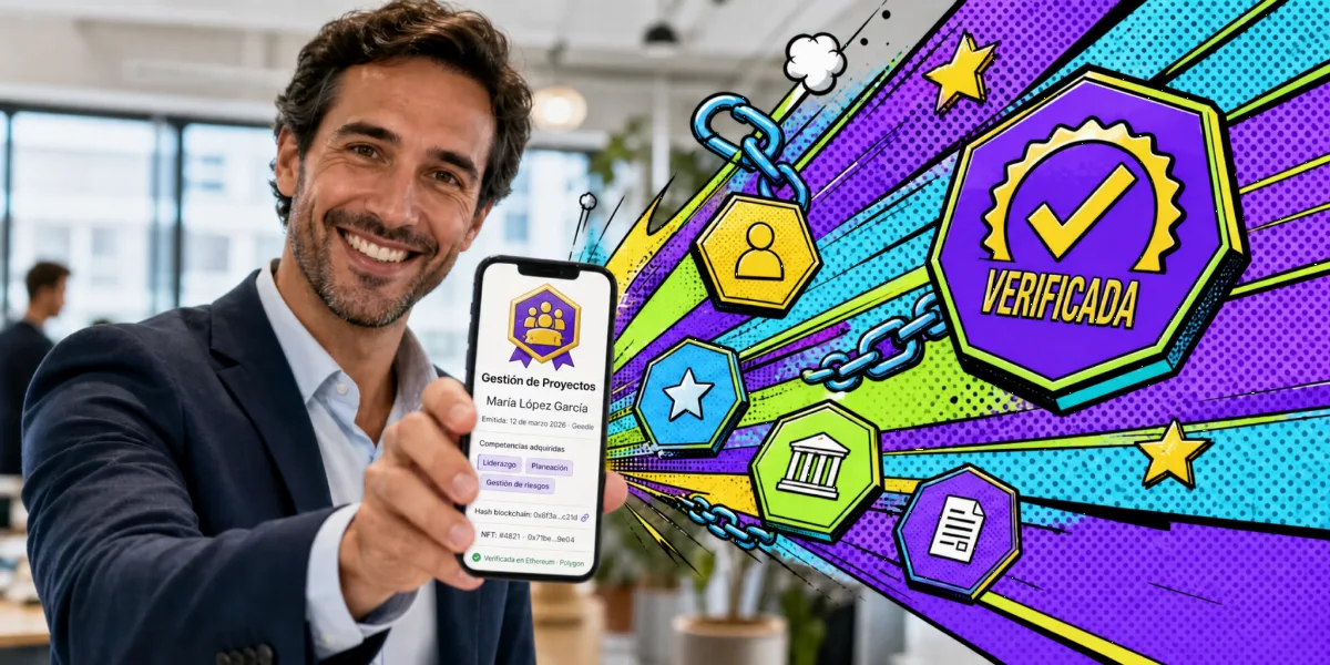 Insignia digital con datos de emisión, competencias y hash blockchain en un celular