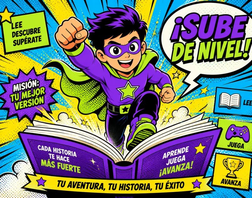 Personaje pop art saliendo de un libro con el texto Level Up