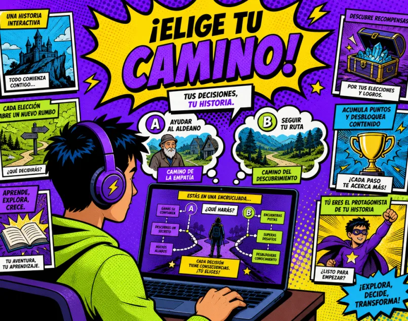 Ilustración pop art de una persona eligiendo entre dos caminos de una historia interactiva