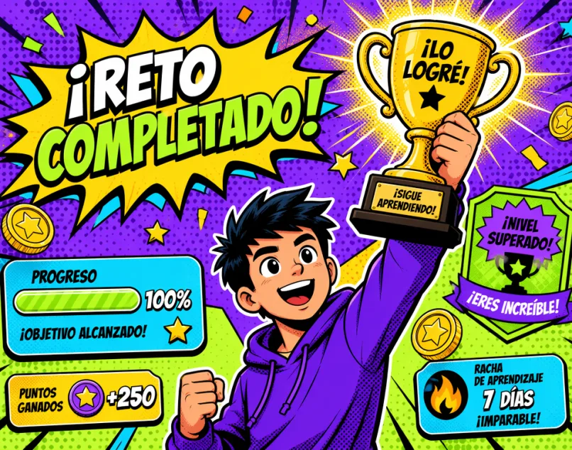 Ilustración pop art de un estudiante celebrando un trofeo con quiz completado
