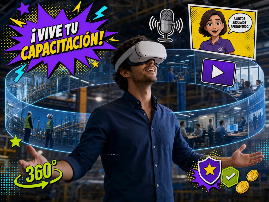 Persona con visor de realidad virtual dentro de un recorrido inmersivo 360 de capacitación
