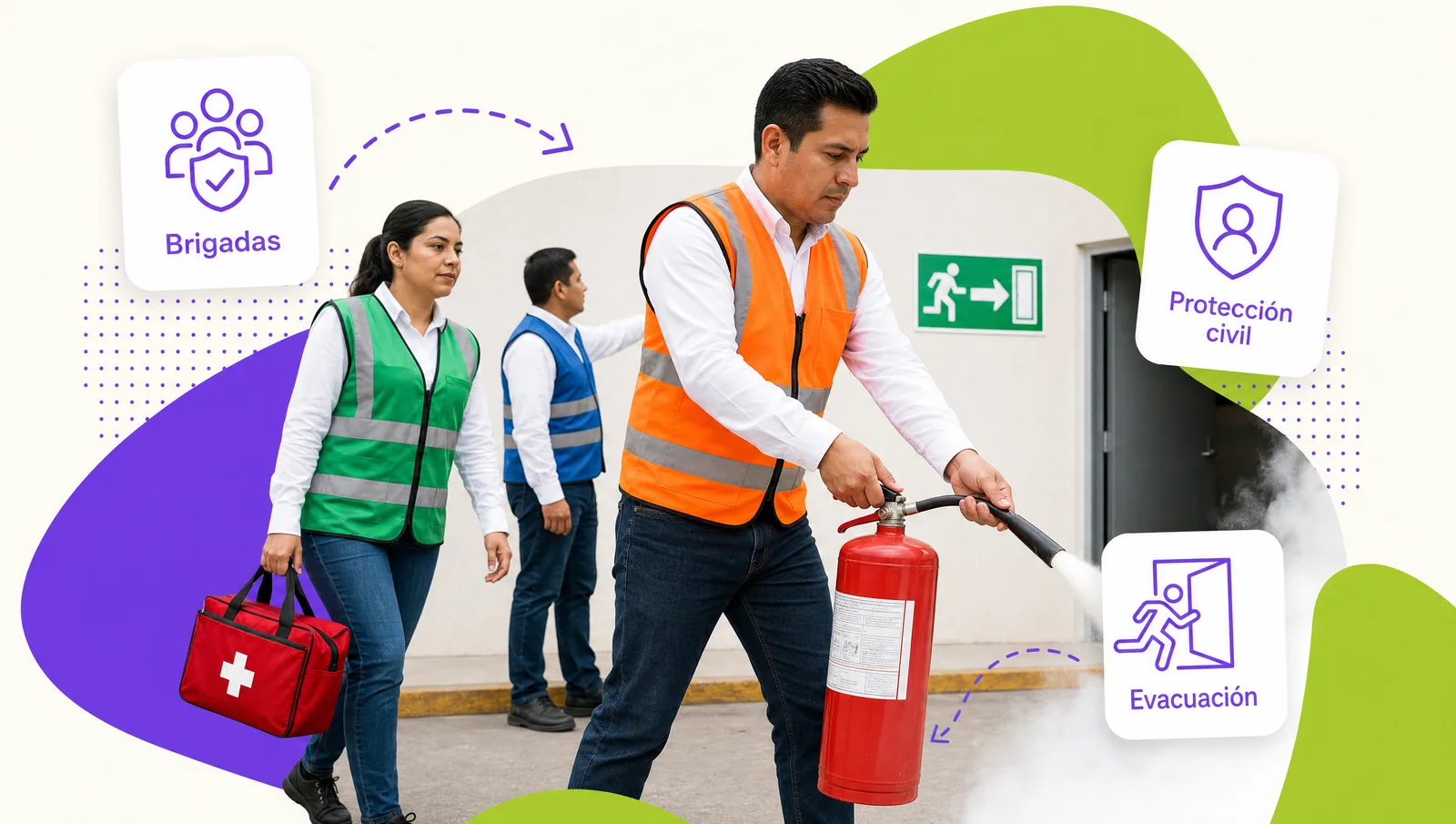 Brigade members in colored vests guide coworkers to the assembly point in front of an industrial plant