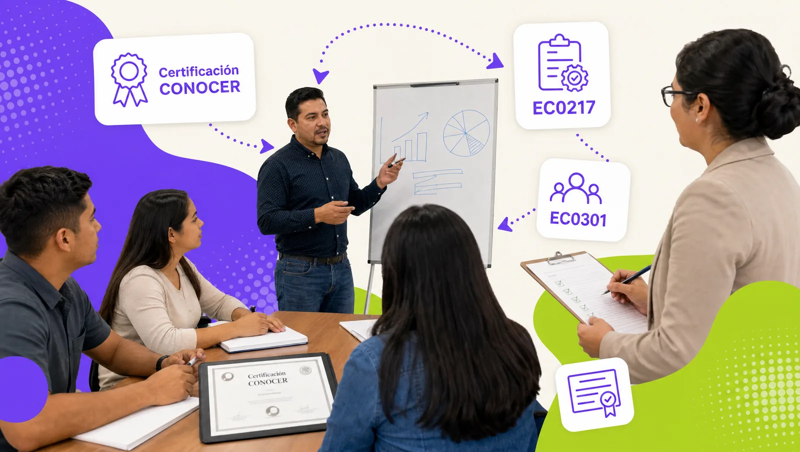 Instructora impartiendo un curso frente a un grupo mientras un evaluador observa y registra evidencias en una tableta