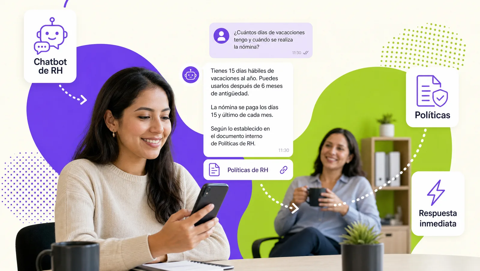 Colaborador de planta consultando en su celular al chatbot de recursos humanos mientras una analista de RH revisa un tablero de consultas