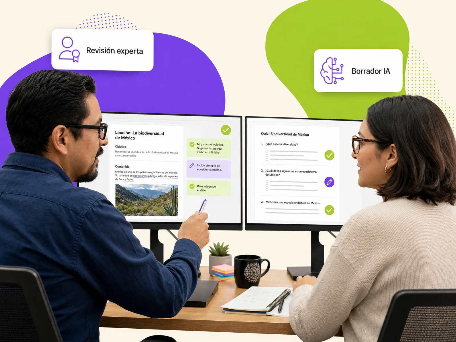 Diseñador instruccional y experto técnico validando juntos un curso generado con inteligencia artificial