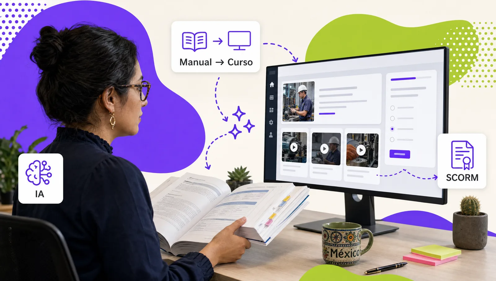 Diseñadora instruccional revisando en pantalla un curso generado con IA junto a un manual de procedimientos impreso