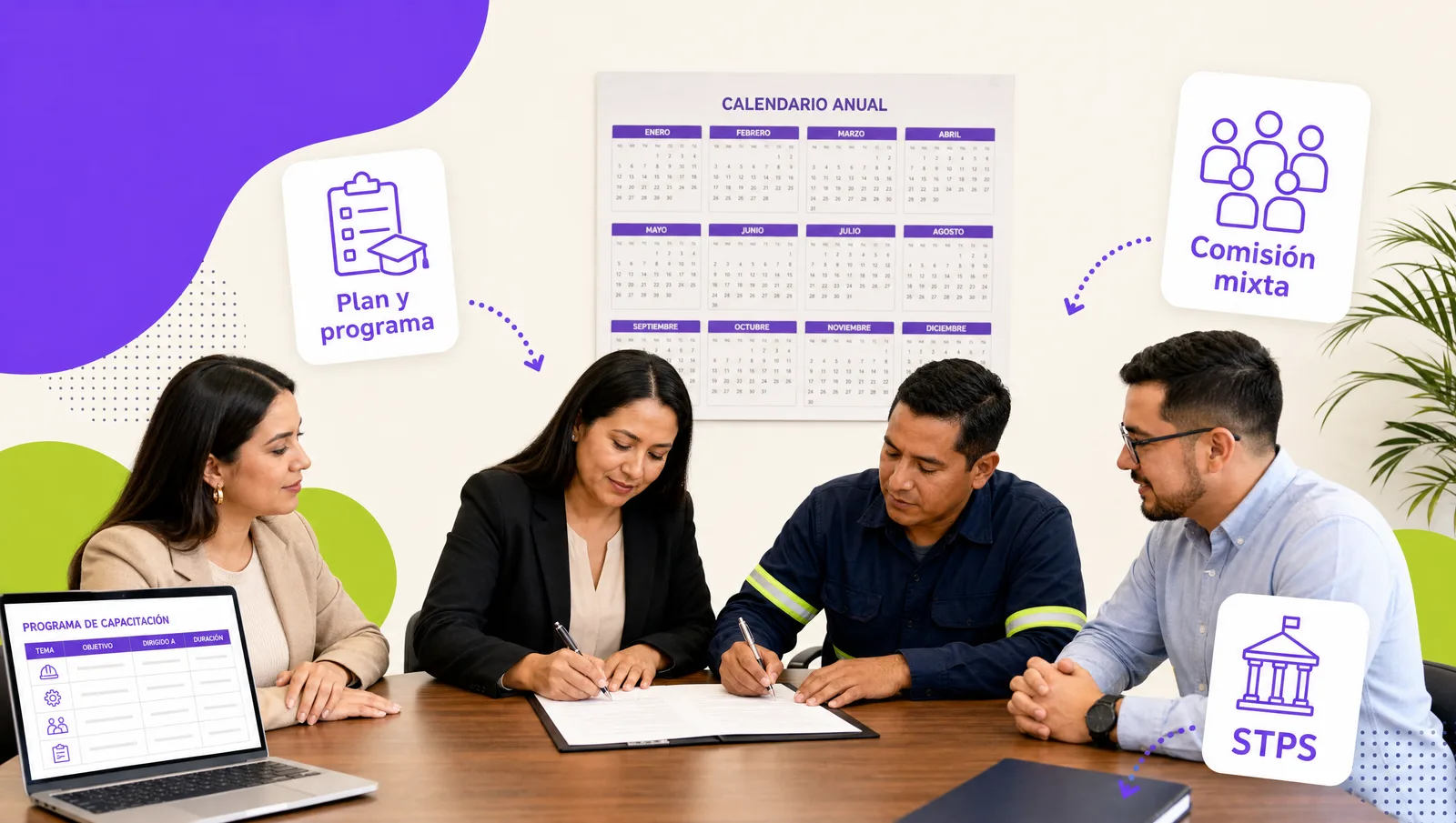 Responsable de Recursos Humanos revisando con la comisión mixta el calendario anual del plan de capacitación en una pantalla