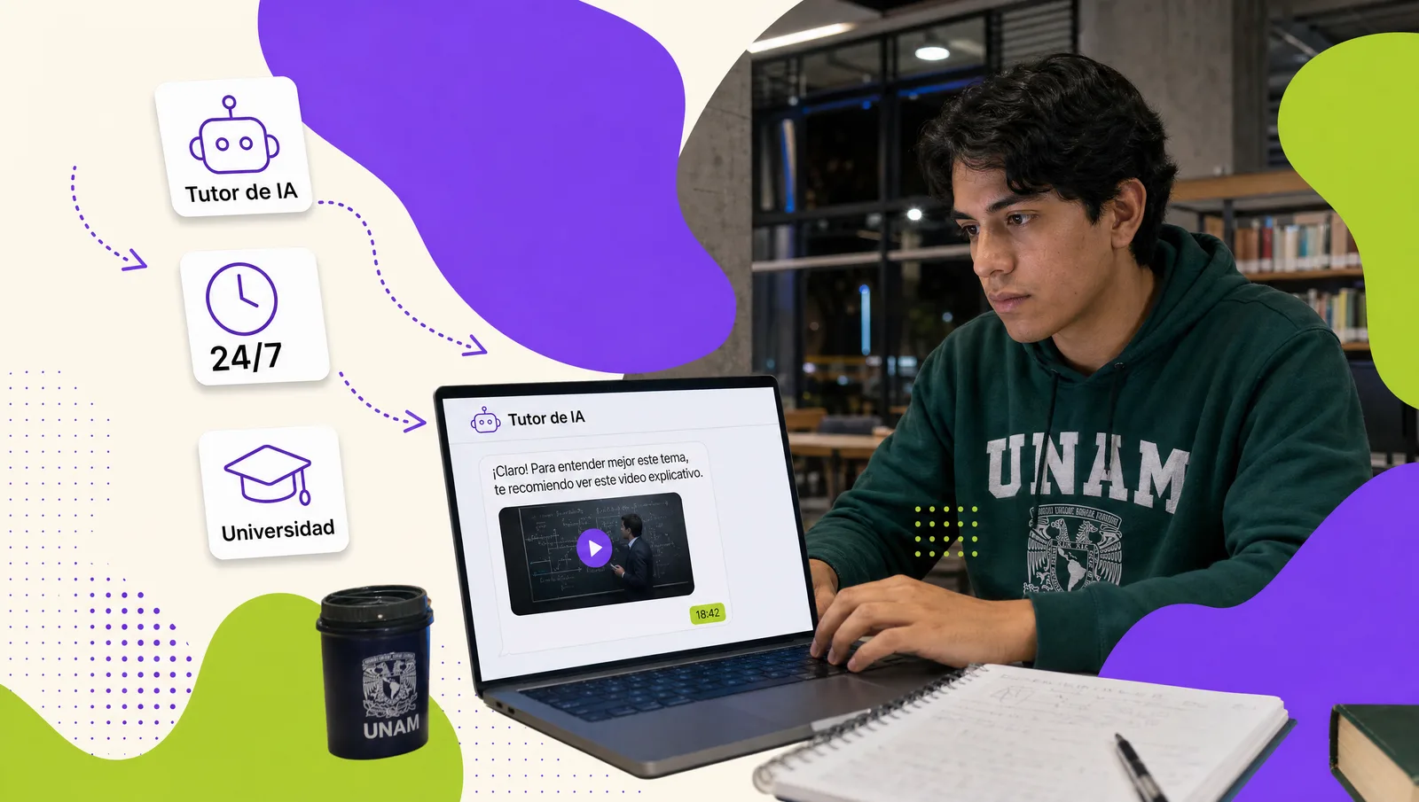 Estudiante universitaria en la biblioteca consultando en su laptop a un tutor de IA que le muestra el minuto exacto de una clase grabada
