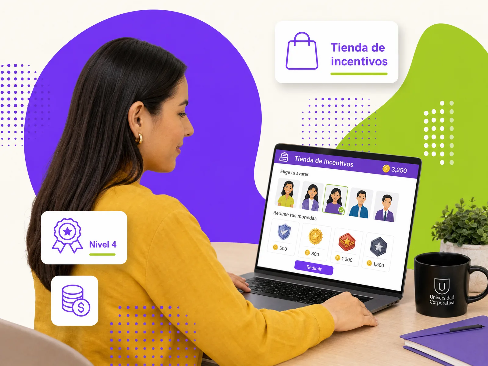Employees progressing through corporate university paths with avatars and coins on screen