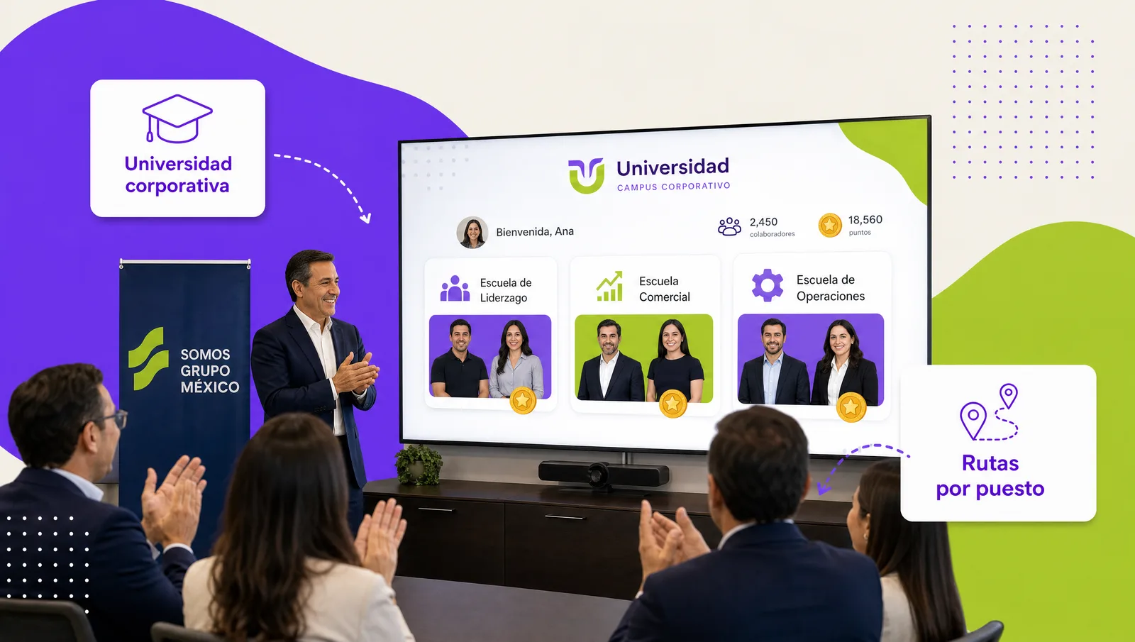 Employees from different areas walk through a corporate campus with themed schools and signposted learning paths