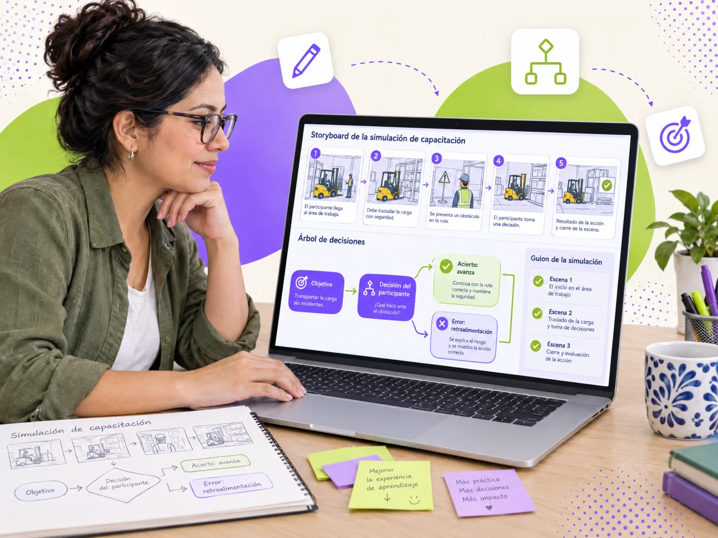 Instructional designer working on the storyboard and decision tree of a training simulation