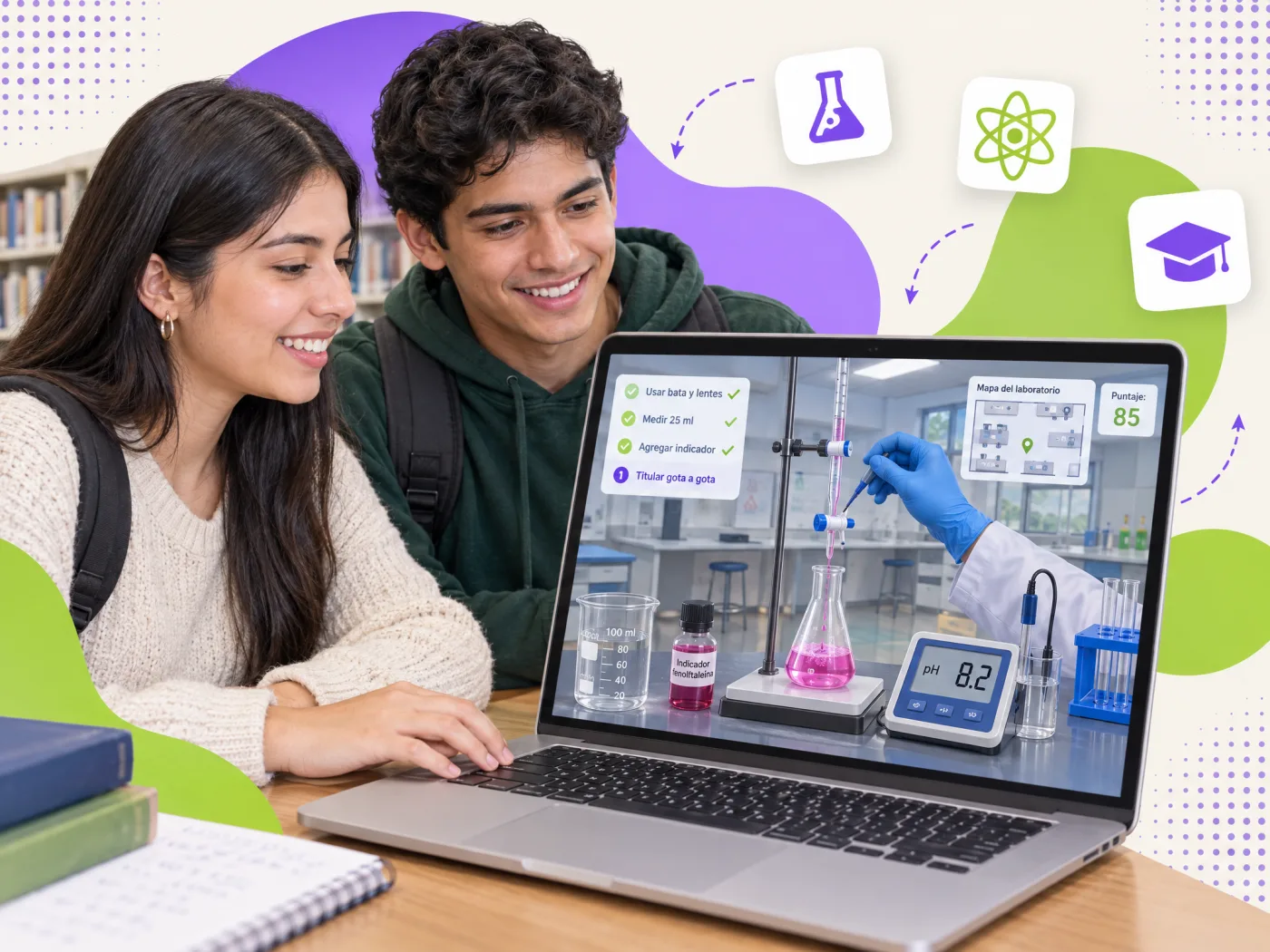 University students in a virtual chemistrand theb performing a titration