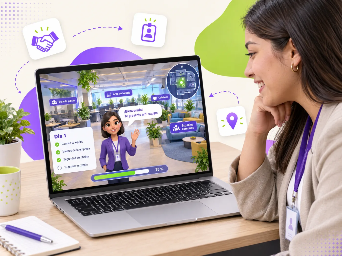 New employee on a virtual onboarding tour of the office with a day-one checklist