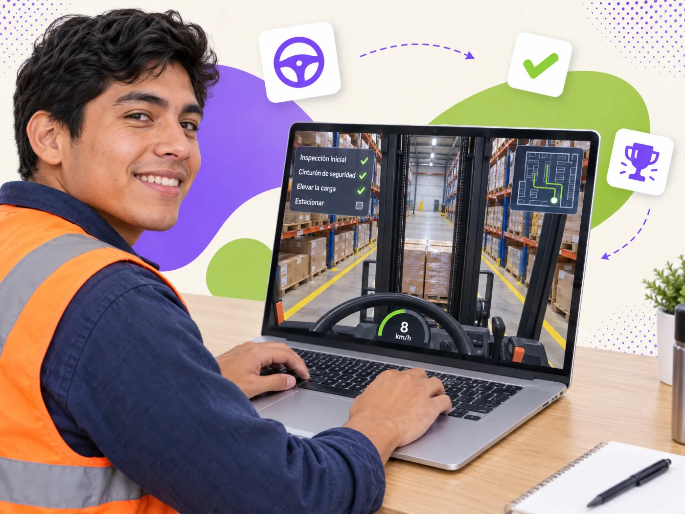 Forklift driving simulator inside an online course, with warehouse minimap and checklist