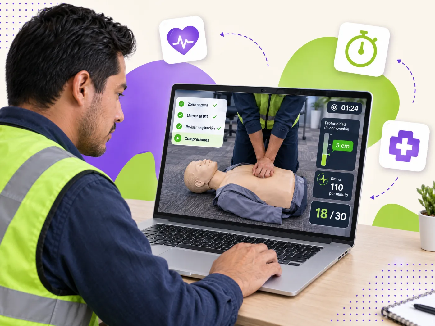First aid CPR simulation with compression depth and rhythm meters