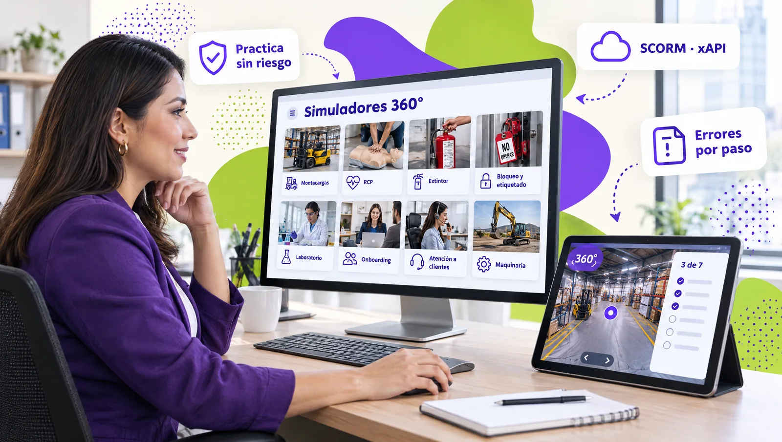 Gerente de capacitación revisando en su monitor el catálogo de simuladores 360° y un recorrido de bodega en una tableta
